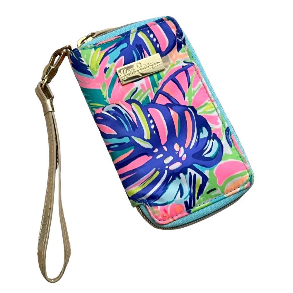 Lilly Pulitzer Tiki Palm Wristlet / Phone Wallet in Multi Color with Gold Strap